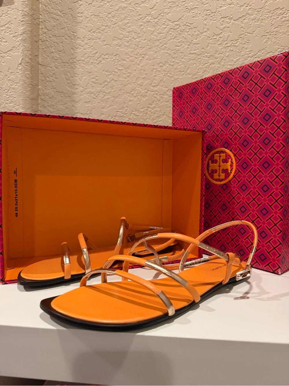 Tory Burch Orange and Gold Strappy Flat Sandals